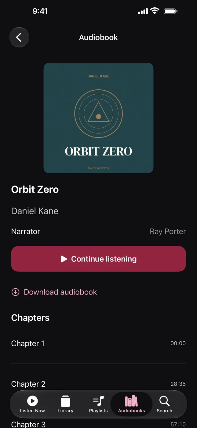 An audiobook page with Continue listening and chapters