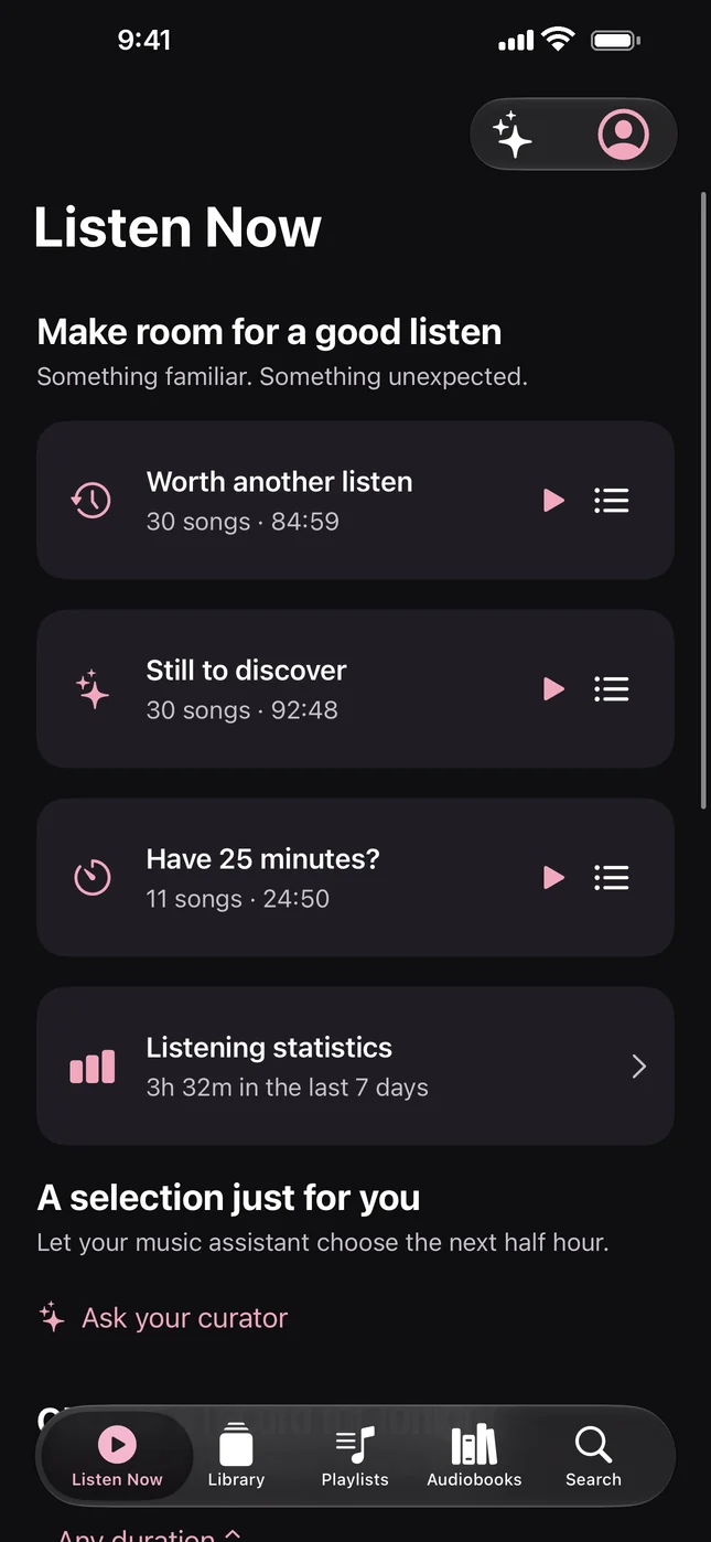 Listen Now with discovery mixes and album suggestions